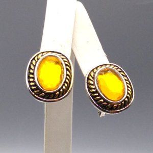 Vintage Faceted Orange Crystal Earrings with Oval Rope Frames Omega Post Backs
